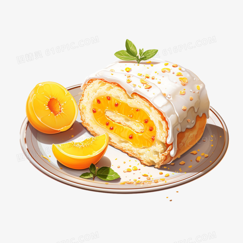 橙子奶油瑞士卷毛巾卷蛋糕点心甜品下午茶元素