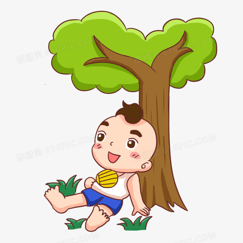 手绘卡通小孩在树下乘凉免抠元素