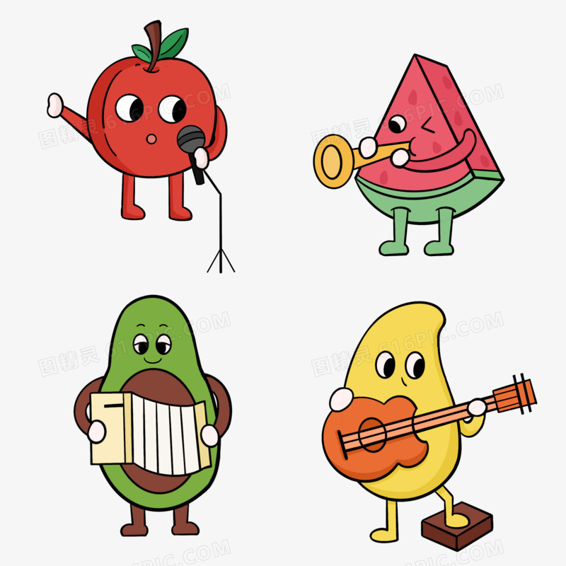 一组卡通拟人水果表演乐器套图素材