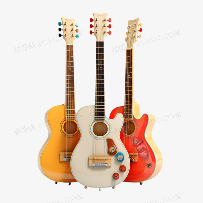 3D卡通彩色吉他组合乐器元素
