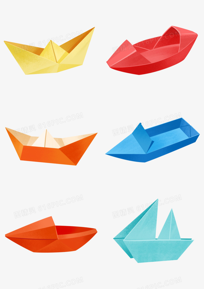 一组手绘插画不同样式的折纸船套图元素