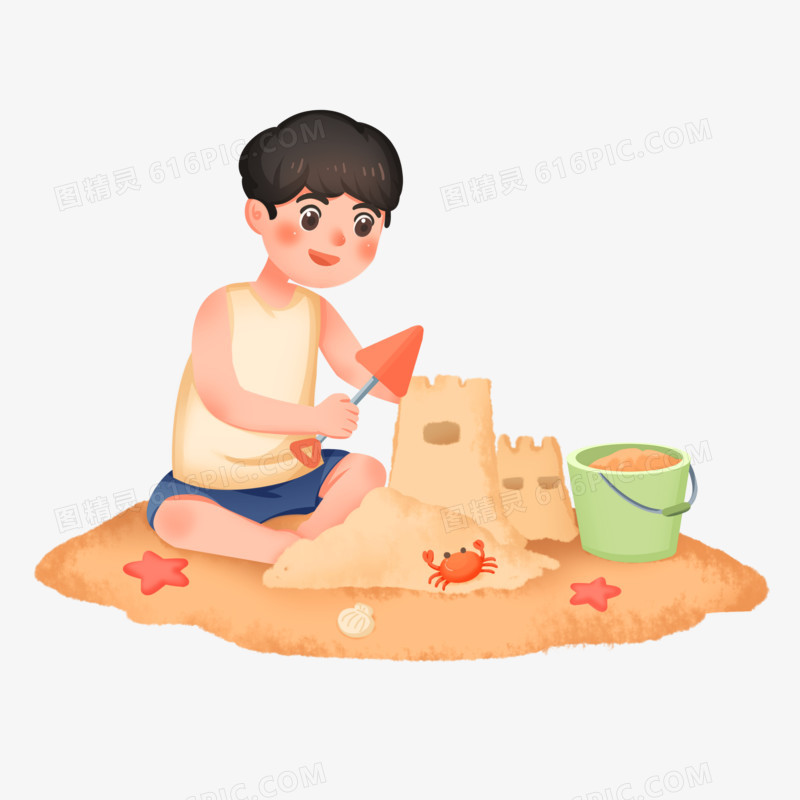 手绘插画小男孩在沙滩上玩沙免抠素材
