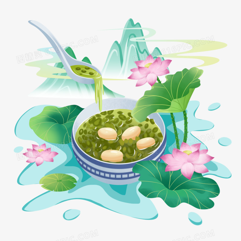 手绘国潮微景观绿豆汤插画元素