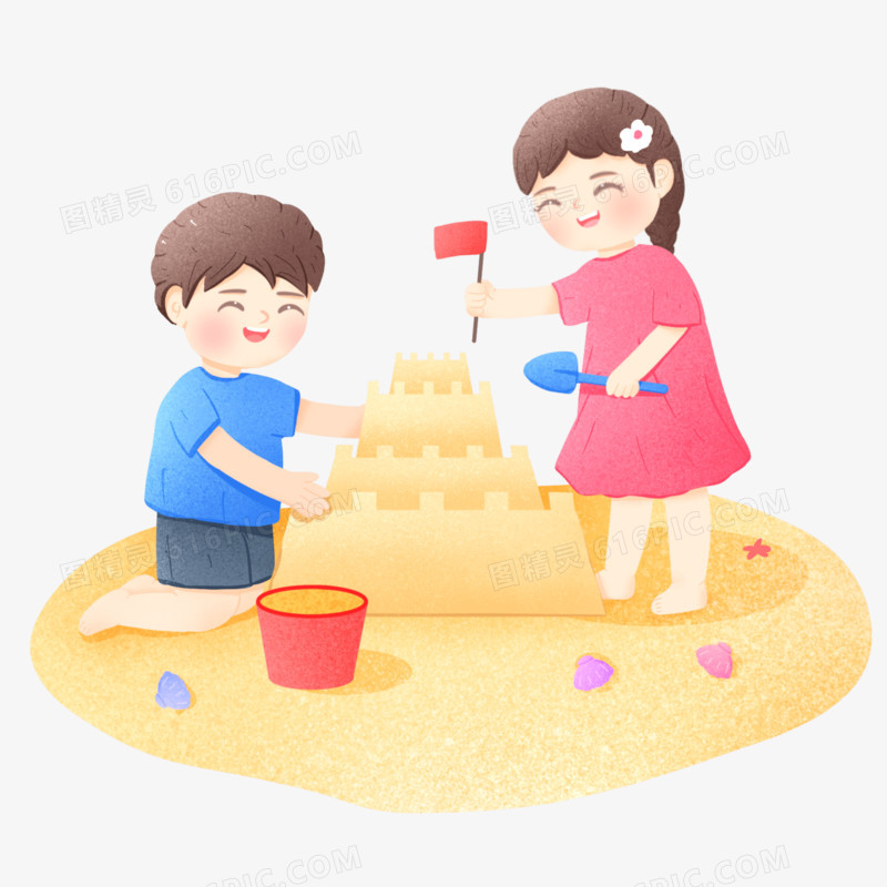 手绘小朋友玩沙子堆沙堡元素