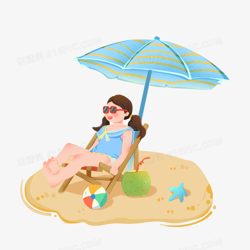 手绘小女孩在沙滩晒日光浴元素