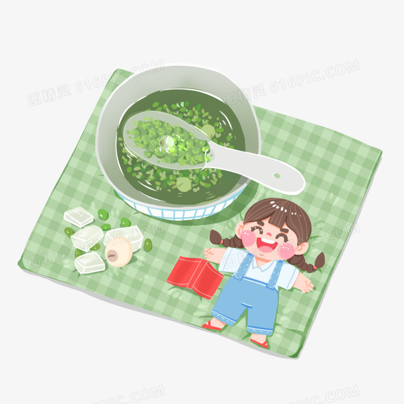 卡通女孩喝绿豆汤糖水创意插画元素