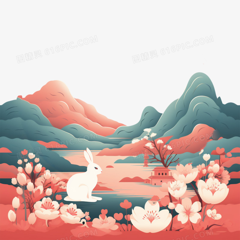 兔子花卉群山插画元素