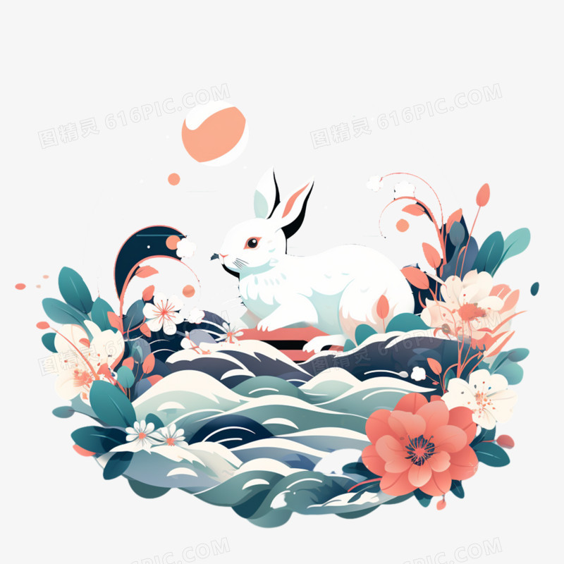 兔子花卉海浪插画元素