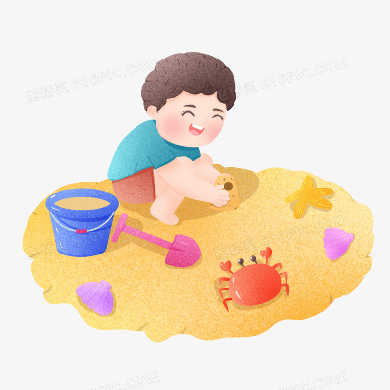 手绘小小男孩玩沙子素材