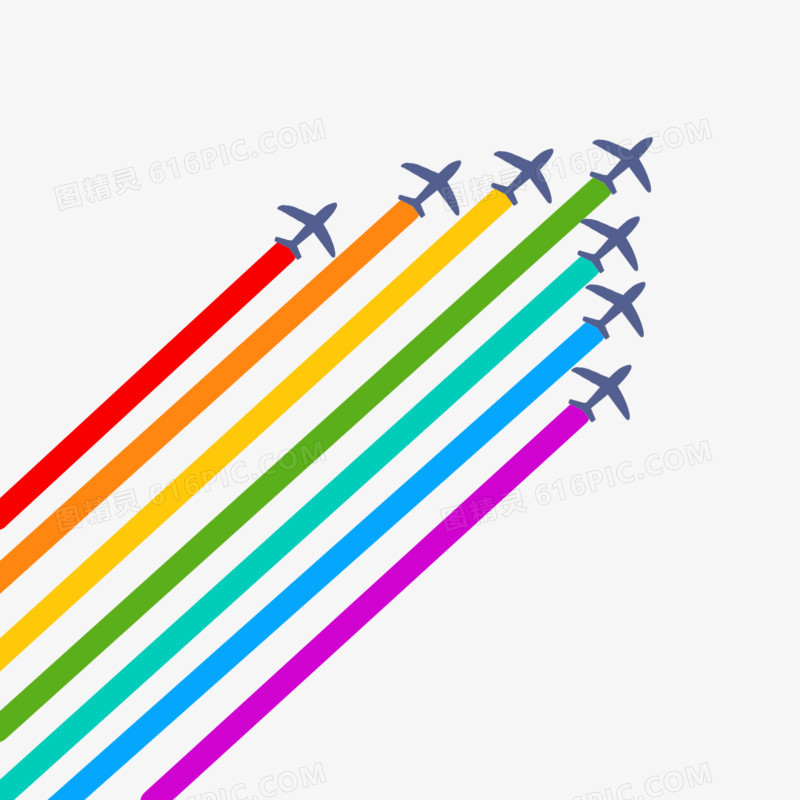 手绘带彩虹尾迹的飞机免抠元素