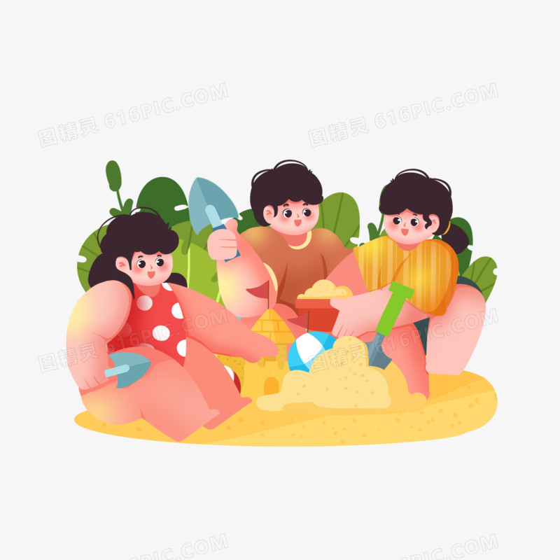 手绘小伙伴男生女生沙池玩沙子素材