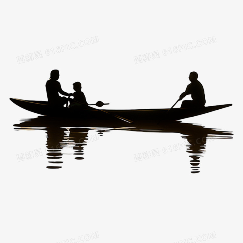 三个人物水上划船剪影素材