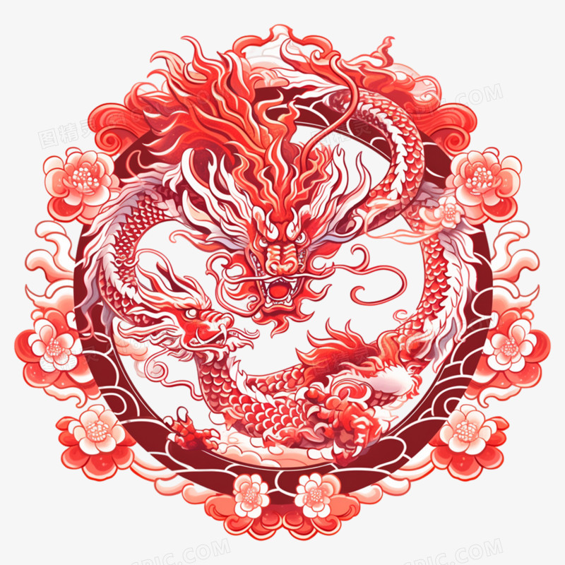 圆形中国春节新年红色龙元素