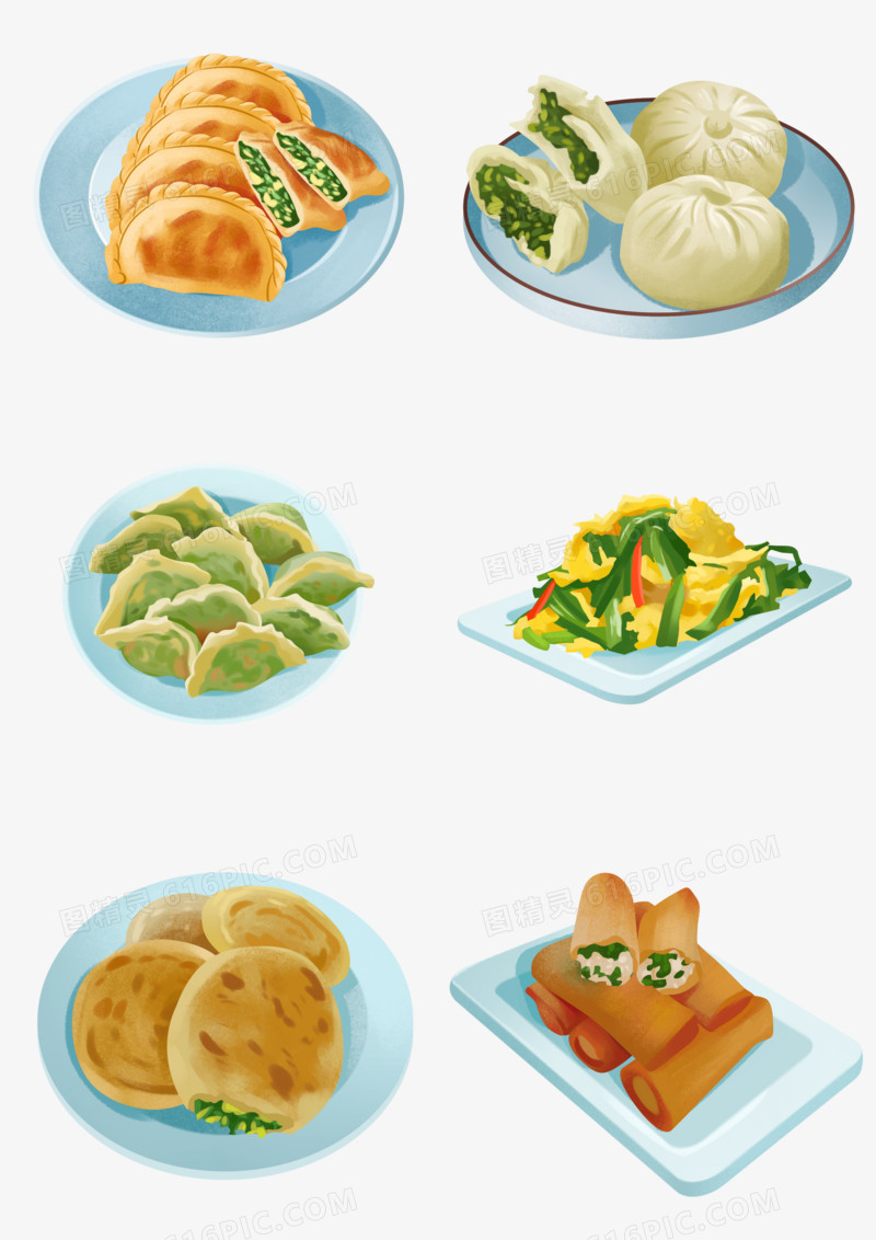 一组手绘插画韭菜馅的食物套图合集