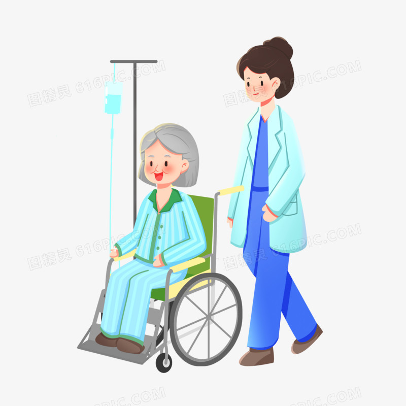 手绘老奶奶生病坐轮椅打点滴免抠素材