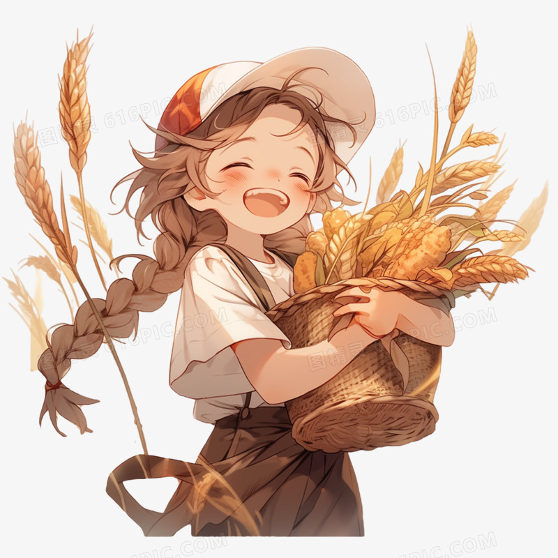 秋天女孩抱着丰收的麦子免抠素材