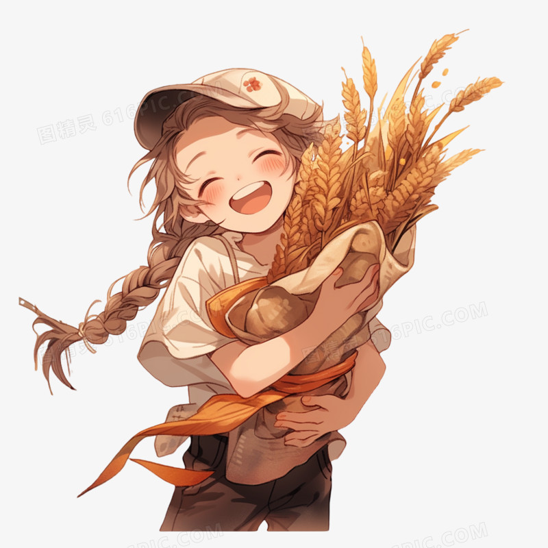 秋天女孩抱着麦子免抠素材