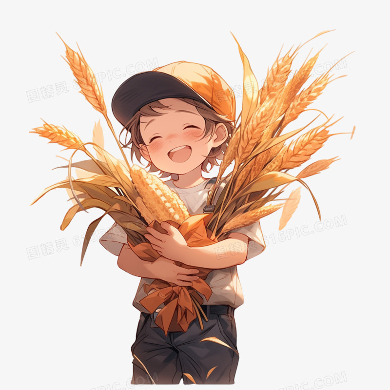 秋天男孩抱着丰收的麦子免抠素材