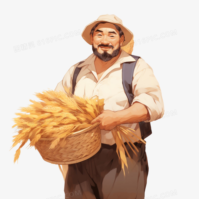 秋天农明抱着一筐麦子免抠素材