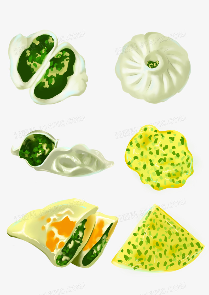 一组手绘插画韭菜食物元素