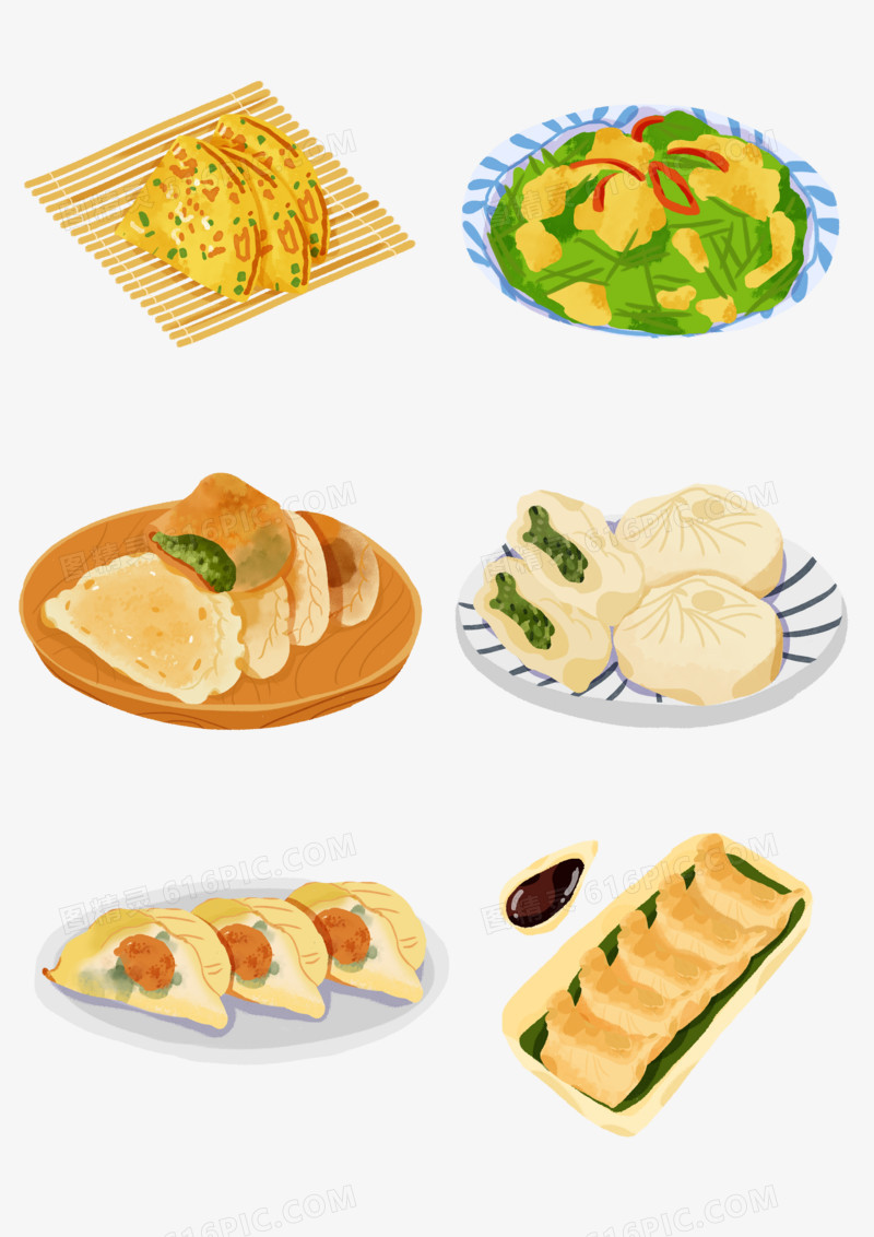 一组韭菜食物手绘小吃美食套图素材