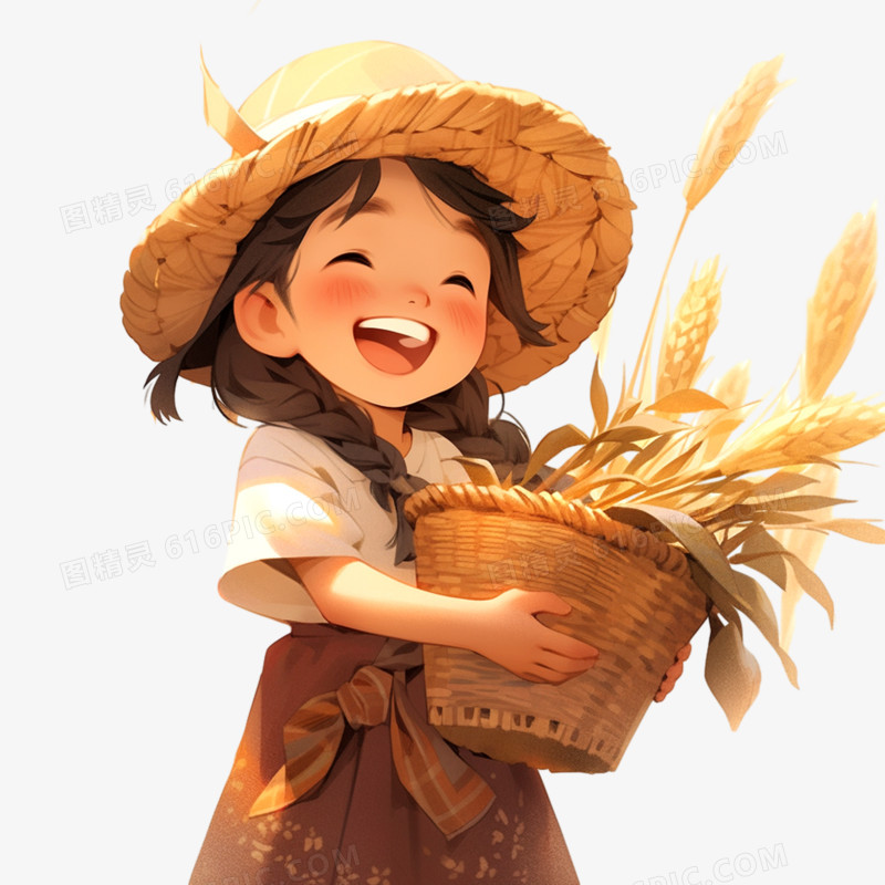 秋天丰收女孩手捧麦子人物形象元素