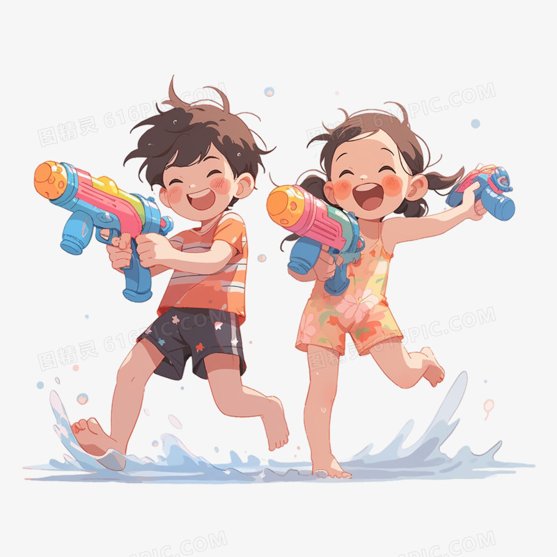 小朋友开心玩水打水仗插画