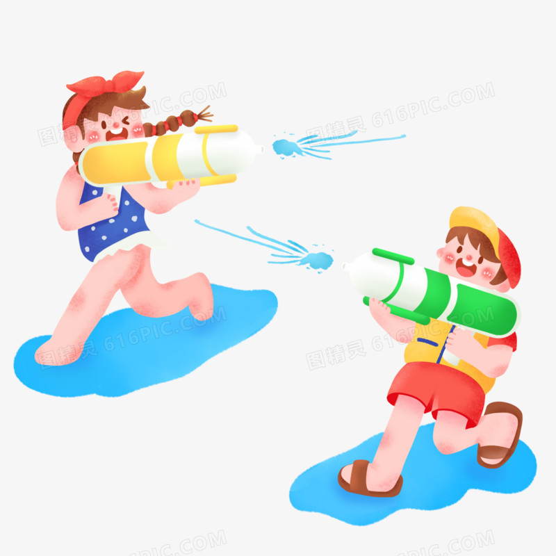 卡通手绘可爱男孩女孩打水仗玩耍素材