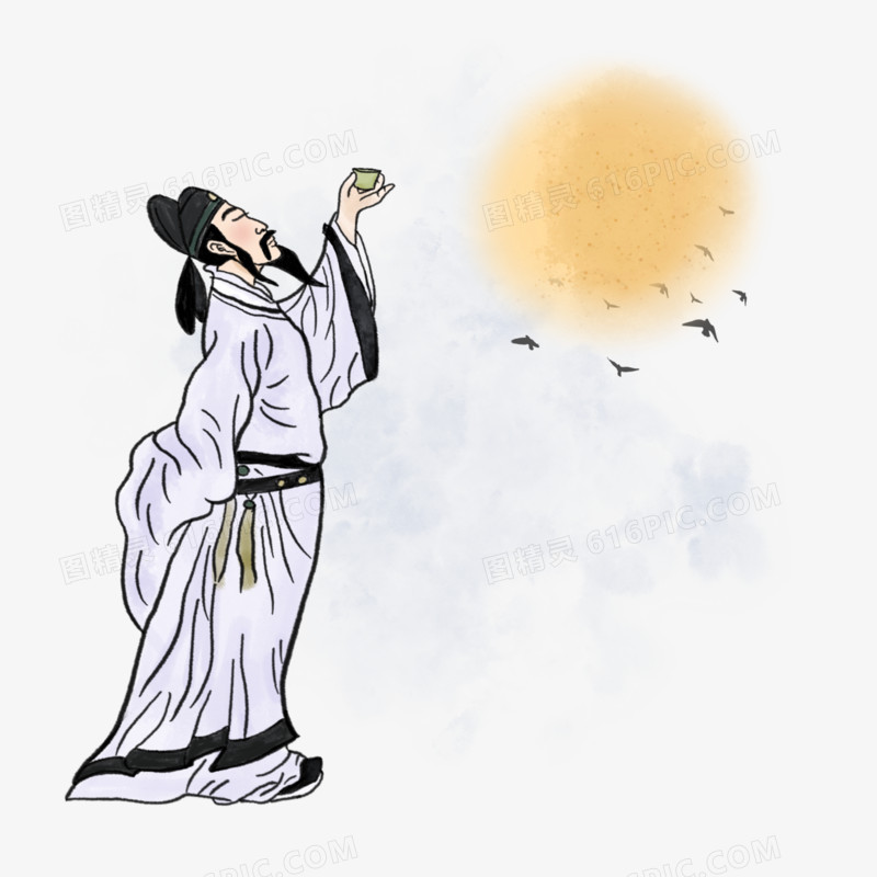 中国风古风手绘水墨古人诗人喝酒赏月素材