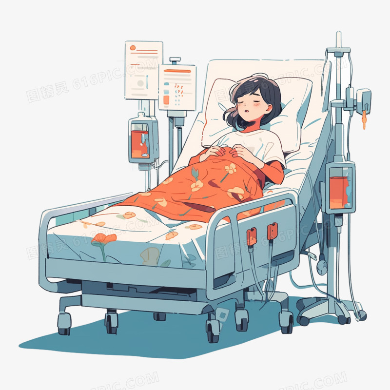 女孩卧病在床插画