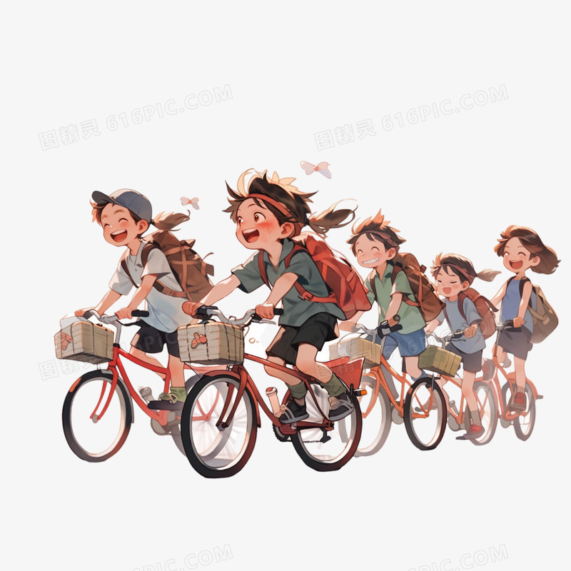 一群小孩骑着自行车上学免抠素材
