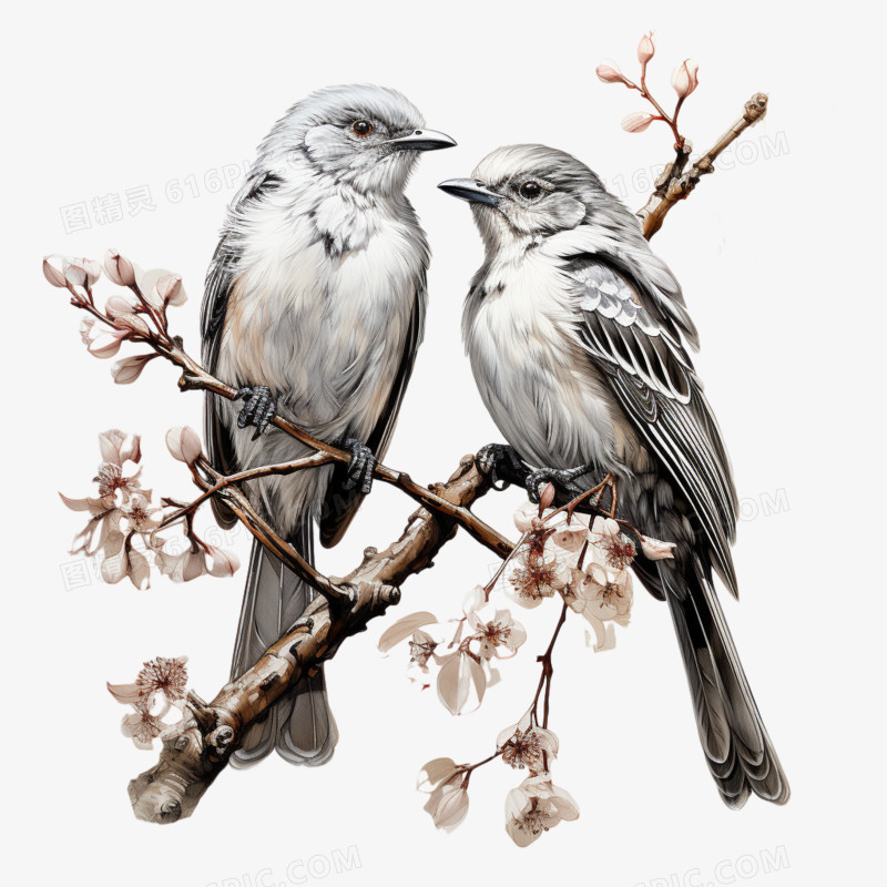 手绘水彩布谷鸟树枝上的小鸟元素