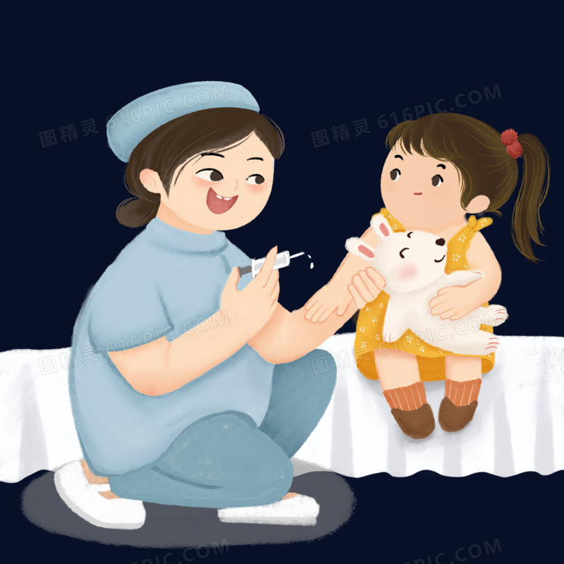 卡通护士给小女孩打疫苗场景元素