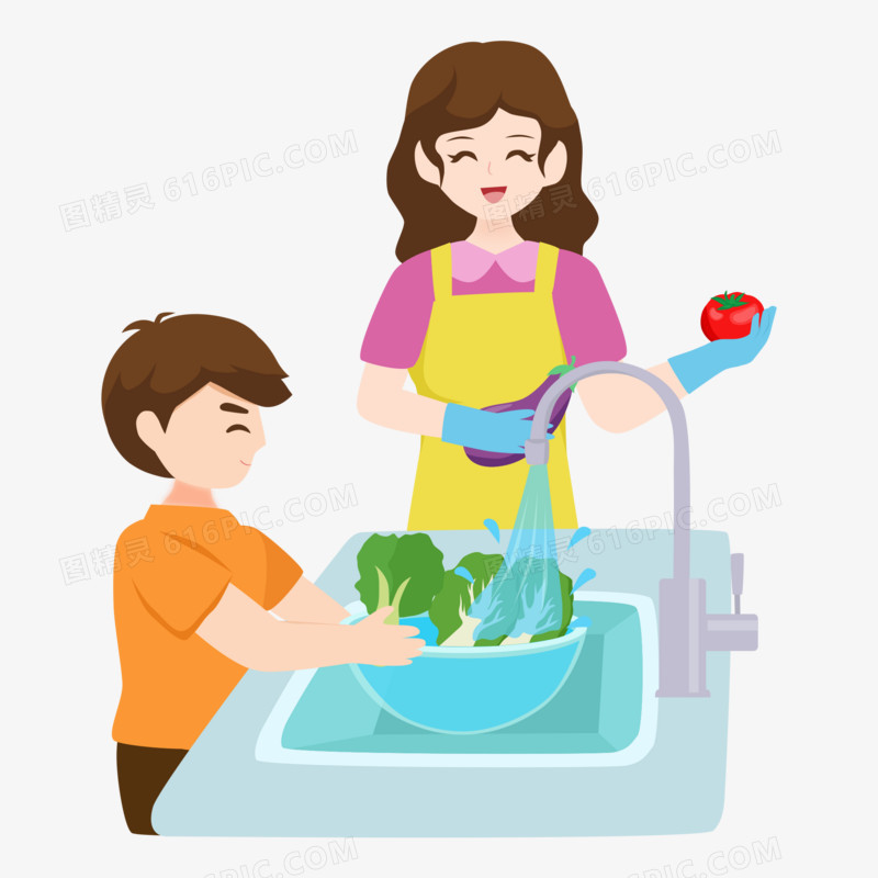 矢量人物妈妈教孩子洗菜免抠元素