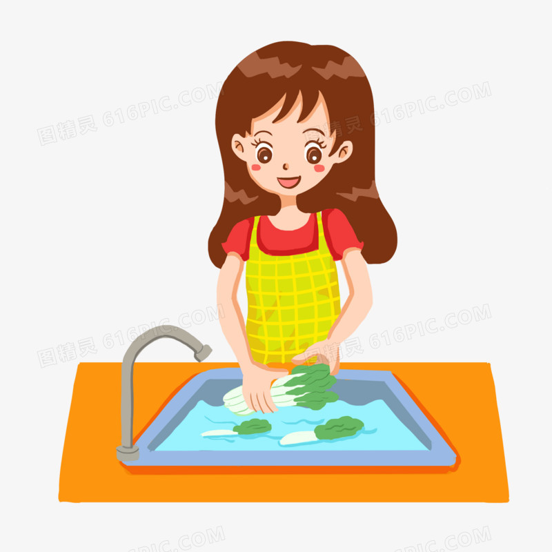 手绘卡通女孩在洗菜池洗菜免抠元素