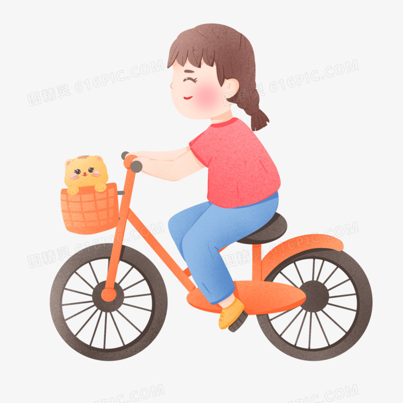 手绘女孩带宠物骑自行车素材