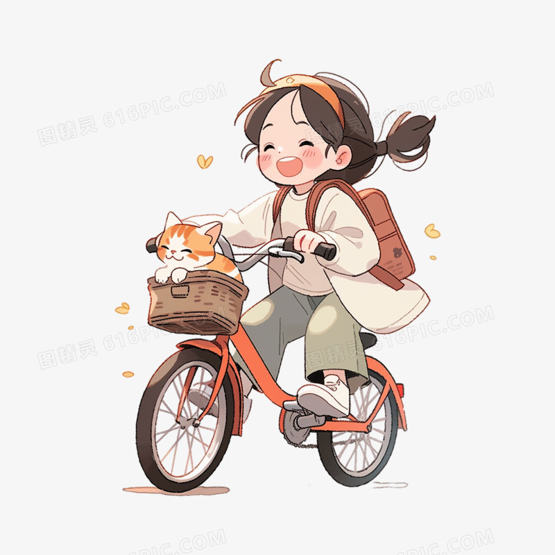 小女孩骑自行车带着猫卡通插画