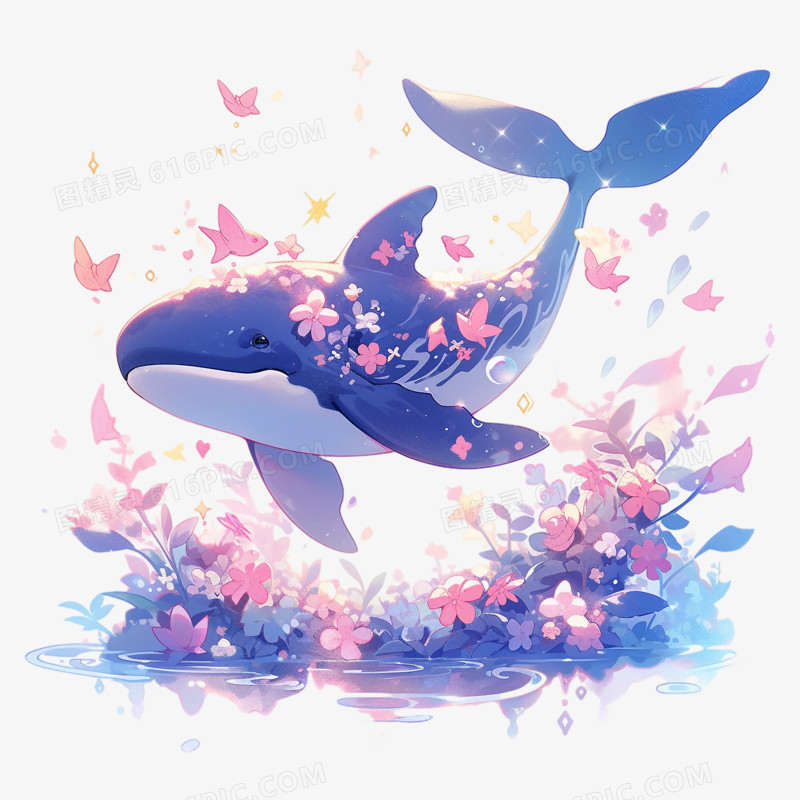 蓝鲸花卉唯美插画元素