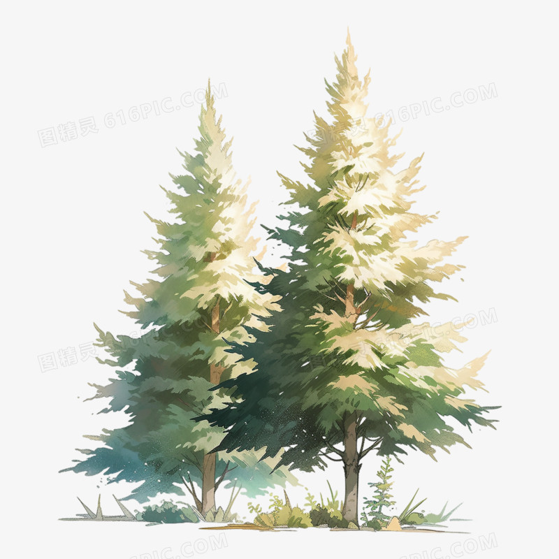 水彩松树植物插画
