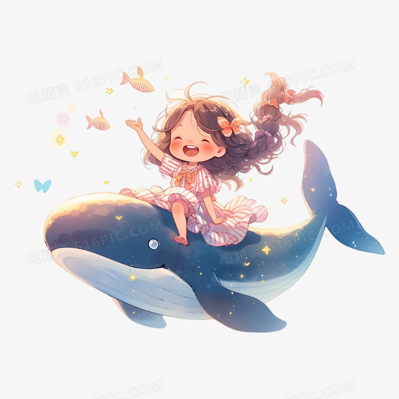 女孩骑蓝鲸唯美插画元素