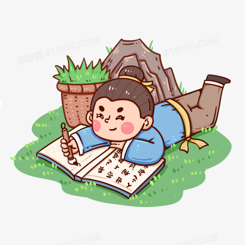 古代书童趴在草地上写字卡通形象素材