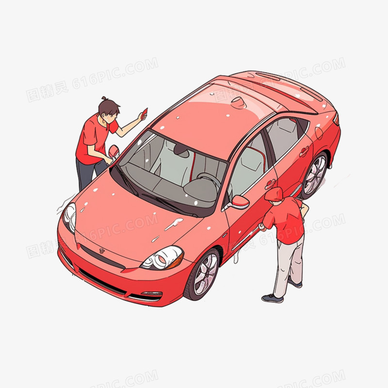 平面卡通人物洗红色的车