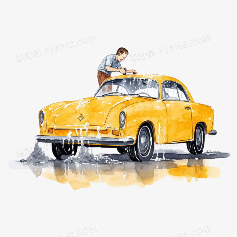 插画卡通人物洗黄色的车