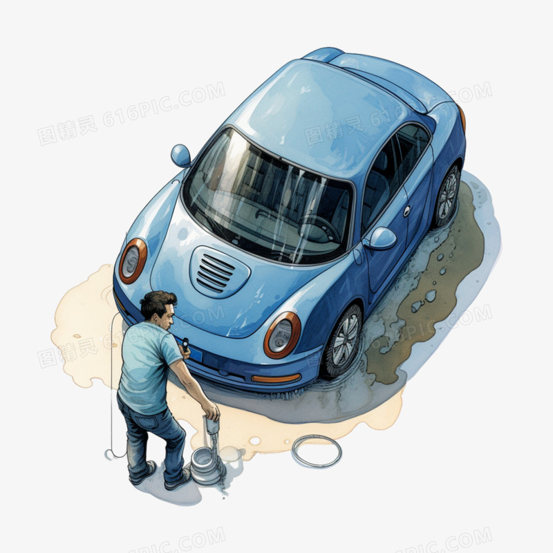 插画卡通人物洗蓝色的车