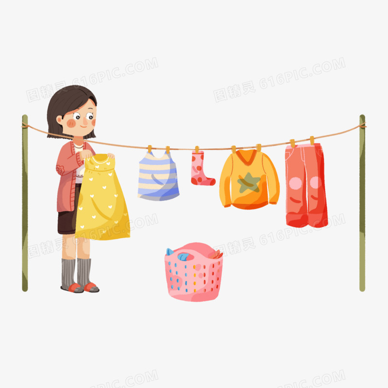 女孩洗好衣服晾晒场景素材