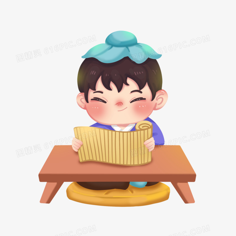 手绘卡通古代书童读书素材