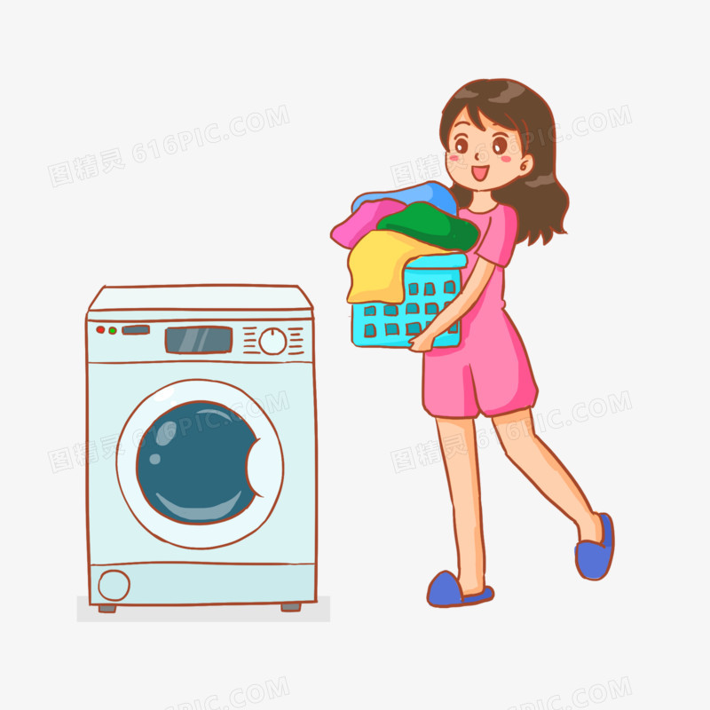 手绘卡通妈妈洗衣服免抠元素
