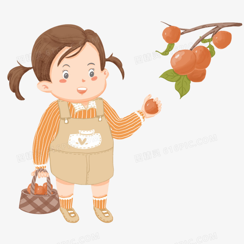 卡通手绘小女孩摘柿子元素