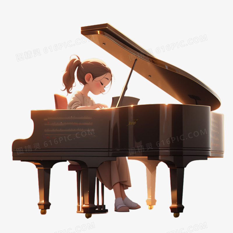 插画风小女孩弹钢琴元素