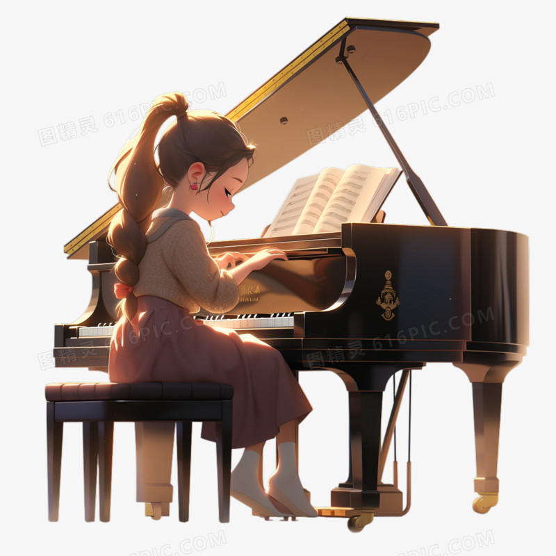 插画风小女孩弹钢琴元素